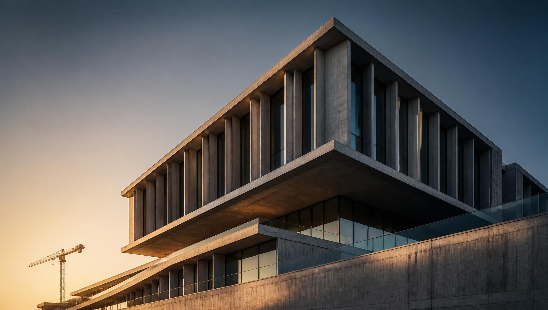 Edificio contemporaneo in calcestruzzo e vetro nella luce dorata